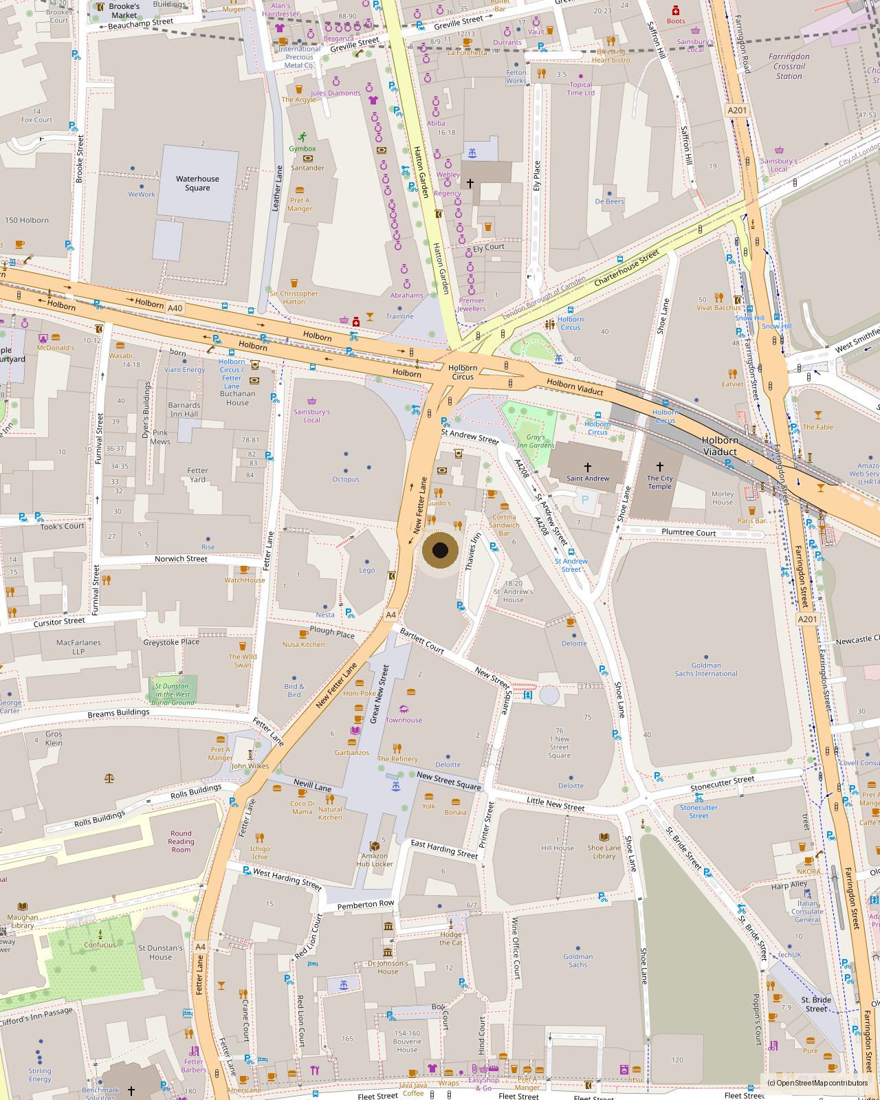 Map of the Holborn Circus end of New Fetter Lane, with Hotori marked at number 1, London EC4A 1AN.