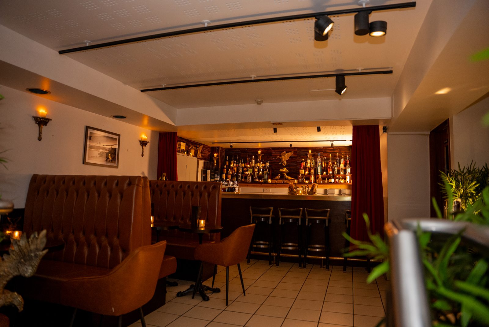 The bar at Brass Dove, Hotori's basement — leather banquettes, stools at the back-lit bar
