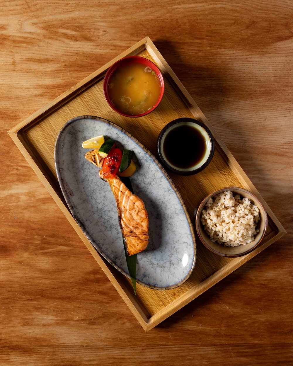 Grilled salmon teriyaki set lunch with miso soup, brown rice and tare at Hotori